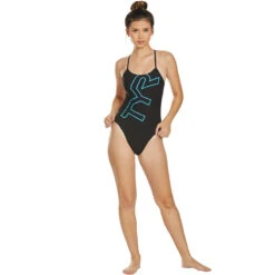 TYR - Big Logo Cutoutfit Ladies Swimsuit - Black/Turquoise -Cheap The Best Swimwear Store tyr big logo cutoutfit ladies swimsuit black turquoise 5
