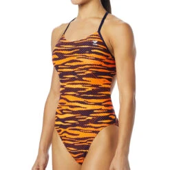 TYR - Crypsis Cutoutfit Ladies Swimsuit - Navy/Orange -Cheap The Best Swimwear Store tyr crypsis womens cutoutfit durafast elite print titanium 406 5