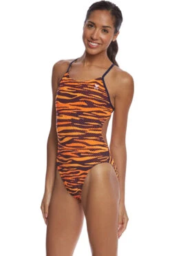 TYR - Crypsis Cutoutfit Ladies Swimsuit - Navy/Orange -Cheap The Best Swimwear Store tyr crypsis womens cutoutfit durafast elite print titanium 406 8
